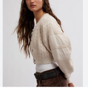Free people Heritage COTTON Cropped Cardigan Sweater Crystal Grey 257 5M3